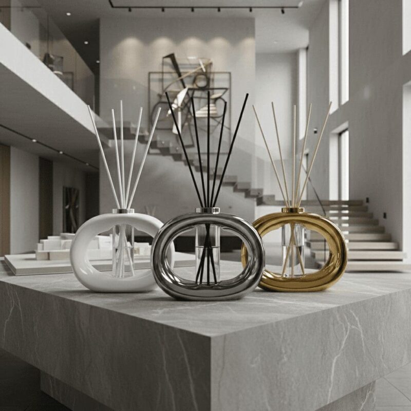 Three oval porcelain diffuser vessels in white, silver, and gold finishes displayed on a stone table in a contemporary interior with large windows and floating stairs