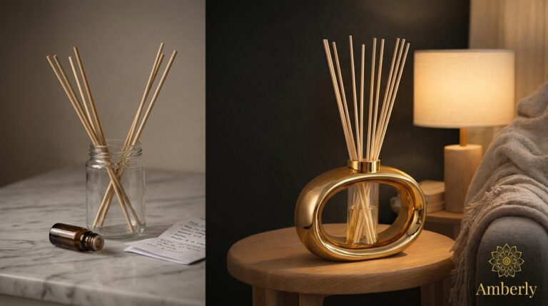 Split-image: left side shows a glass jar with reed diffuser sticks and a small essential oil bottle on a marble surface; right side features a gold oval diffuser with reeds on a wooden table beside a lamp, in a cozy room (Amberly branding visible).
